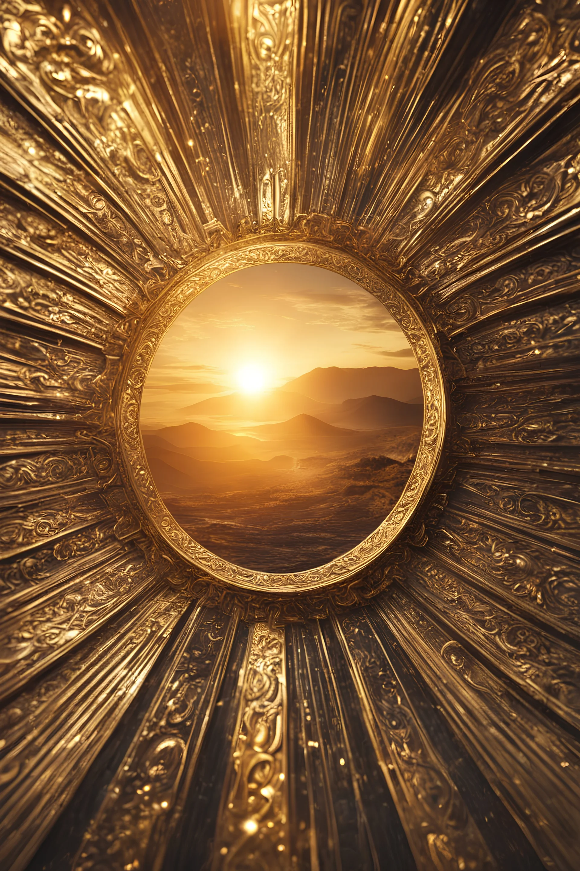 sunset, brilliance, texture, fascia, gold, sun themed iconography, mystical, volumetric lighting