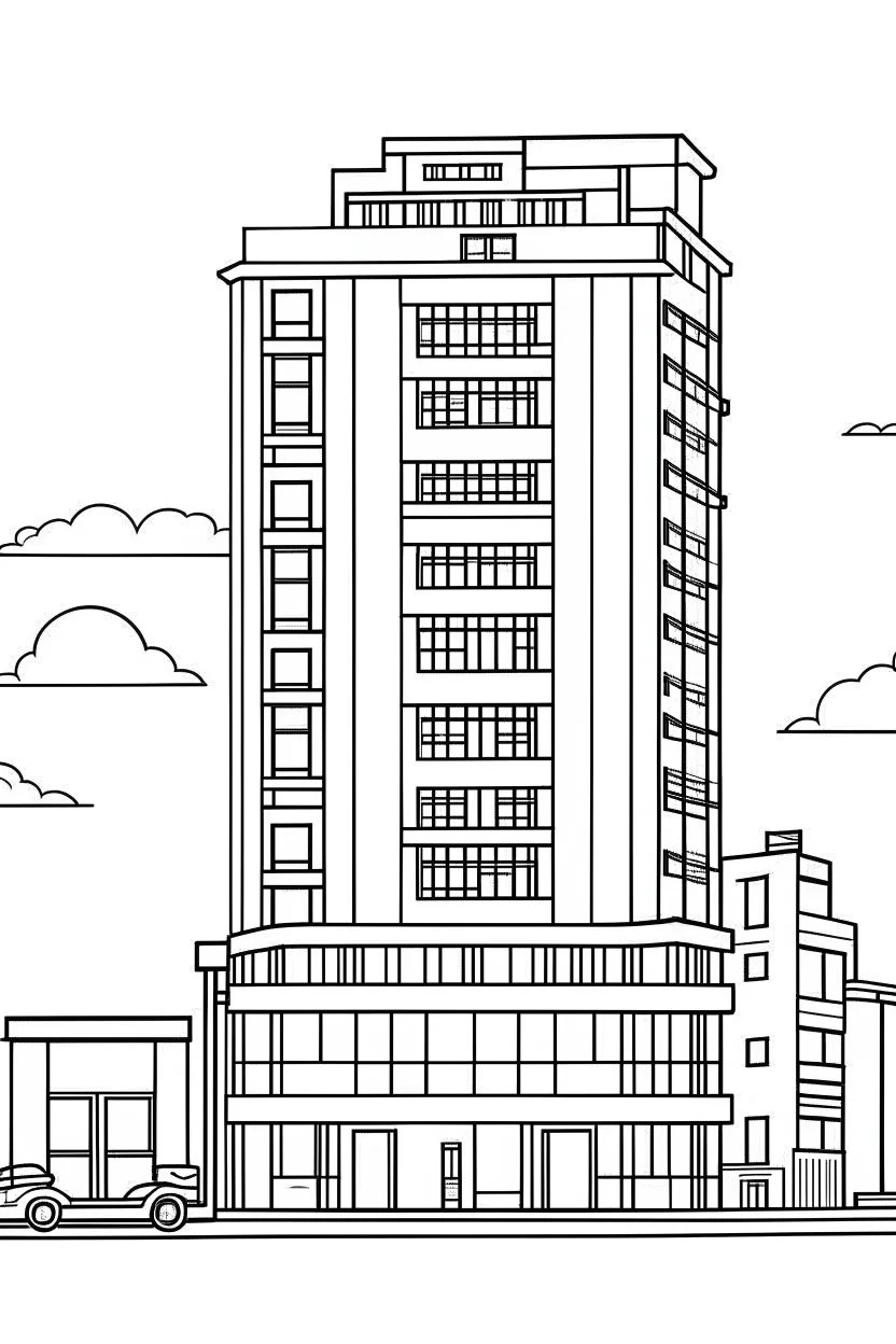 A 5 STAR MODERN HOTEL, flat vector, full view, only draw lines, clean line art, –no sketch, color, –ar 3:4, white background, minimalistic black lines, minimal black color, low level black colors, coloring page, avoid thick black colors, thin black line art, avoid colors, perfect shape, perfect clear lines,