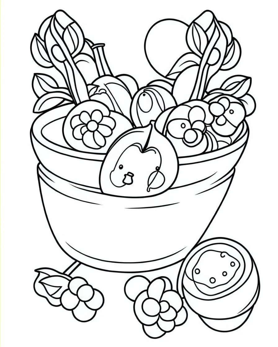 outline art for bold and easy coloring pages with A very simple and super minimal design featuring a bowl of realistic fruit on a table., white background, sketch style, fully body, only use outline, cartoon style, clean line art, white background, no shadows and clear and well outlined