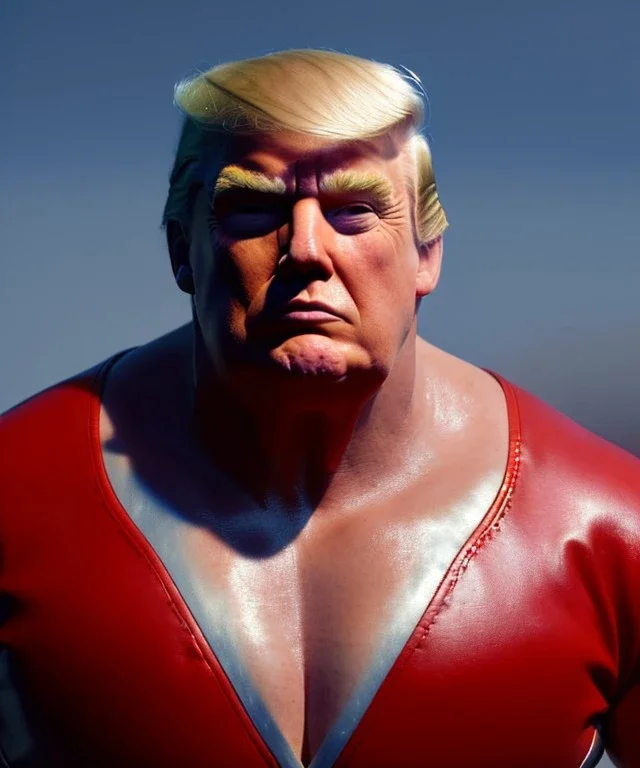 Wrestler Donald trump, wrestling, red breeches, suspenders, retro style, 80s, hot ambient, photo studio, vibrant color, gradient, highly detailed, art stations, concept art, smooth, unreal engine 5, god rays, ray tracing, RTX, lumen lighting, ultra detail, volumetric lighting, 3d, finely drawn, high definition, high resolution.