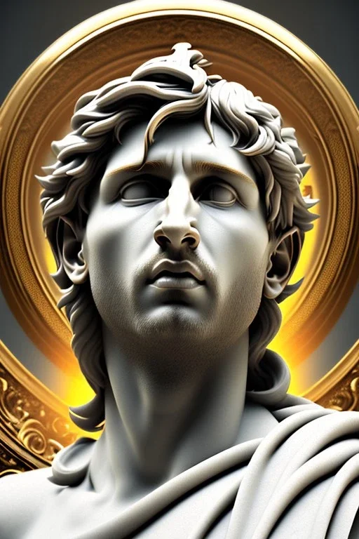 Ultra Realistic image, Roman sculpture, white marble material, Lionel Messi, sun radial crown, chisel style, waist up portrait, epic, celestial, cinematic lighting, God light, god rays, 4k resolution, smooth details, ornate details, soft lighting, unreal engine 5, marble background.