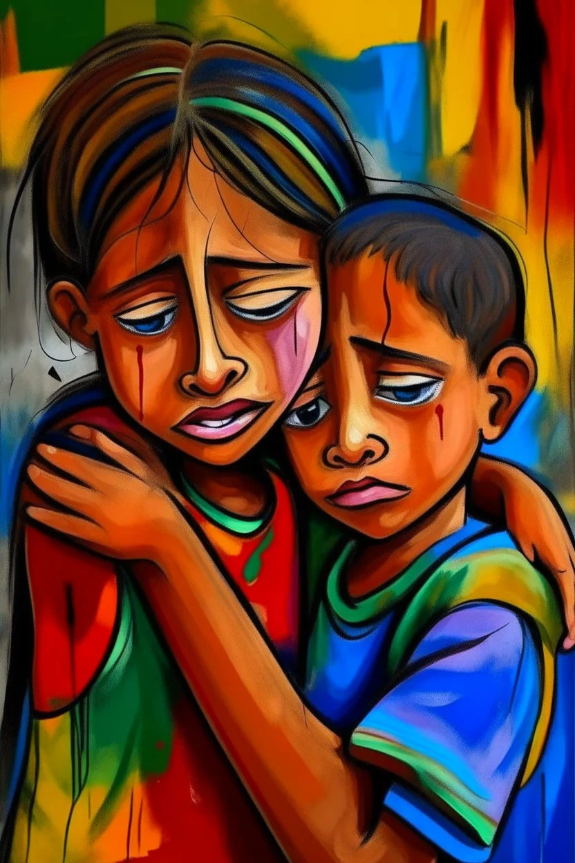 a girl hug her brother and both crying sadly, expressionism, Pixar style, in abstract art Basquiat, Picasso, Miro, Kandinsky, Klee, Birell, Fairey, Ardon, Buffet and Picasso style, HD --s 750 --v 5.1 --style raw, water color