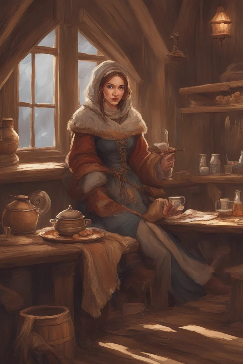 DnD style, medieval beautiful woman dressed in warm winter clothes sitting in a tavern