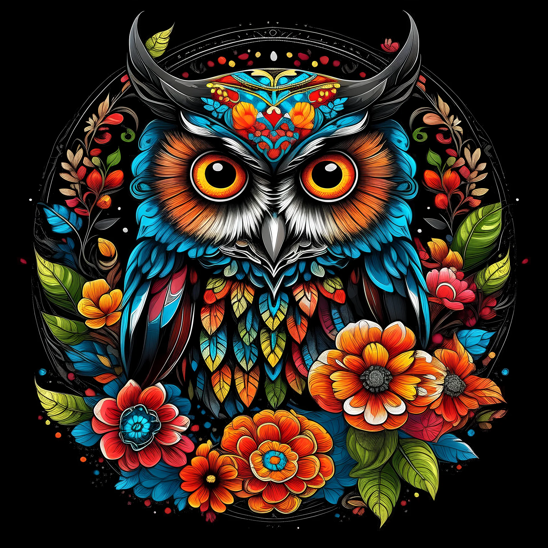 a colorful American owl face around big flowers mandala black background