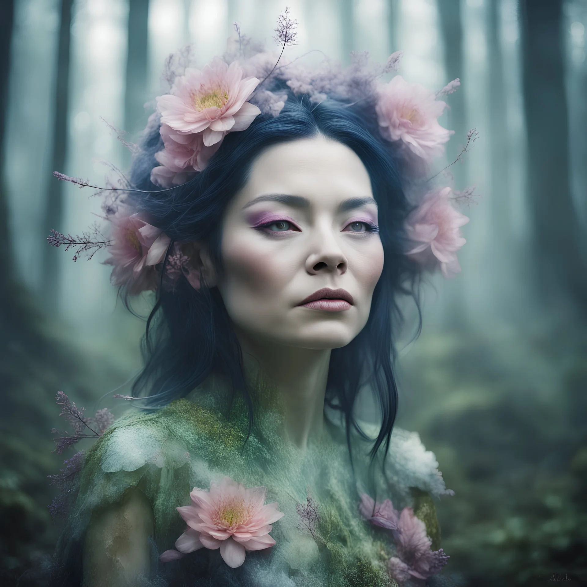 Bjork as otherworldly floral elven alien in misty forest. Portrait by Aliza Razell --ar 3:2 --stylize 1000, shot with Sony Alpha a9 Il and Sony FE 200-600mm f/5.6-6.3 G OSS lens, natural light, hyper realistic photograph, ultra detailed -ar 3:2 -q 2 -s 750