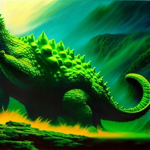 Drawing of ' Green Godzilla', painting by Earl Norem, simon Bisley,frazetta,西嘛哒, evan lee, Vallejo,kelly oil on canvas, cinematic composition, extreme detail,fit full head inside picture,8k