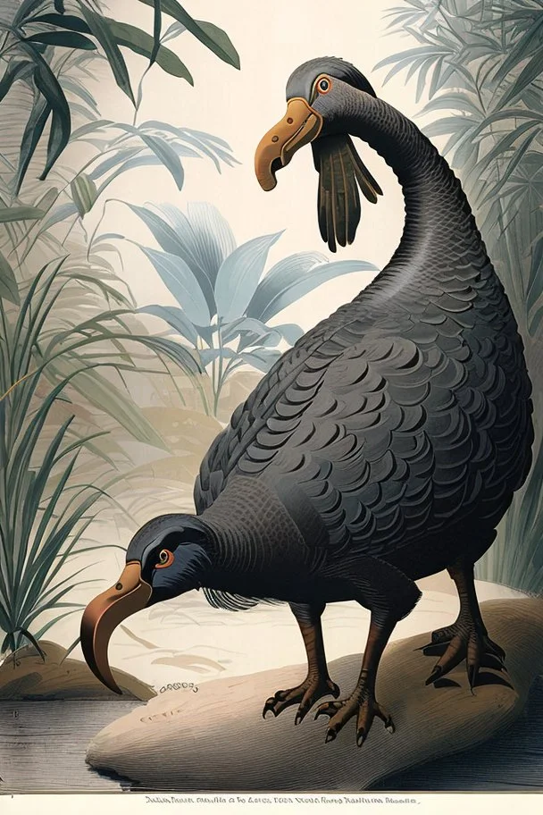 John James Audubon-like illustration of a fully uncropped Dodo bird and a Platypus in a chinoiserie landscape of warm yellows, warm reds, and warm blues