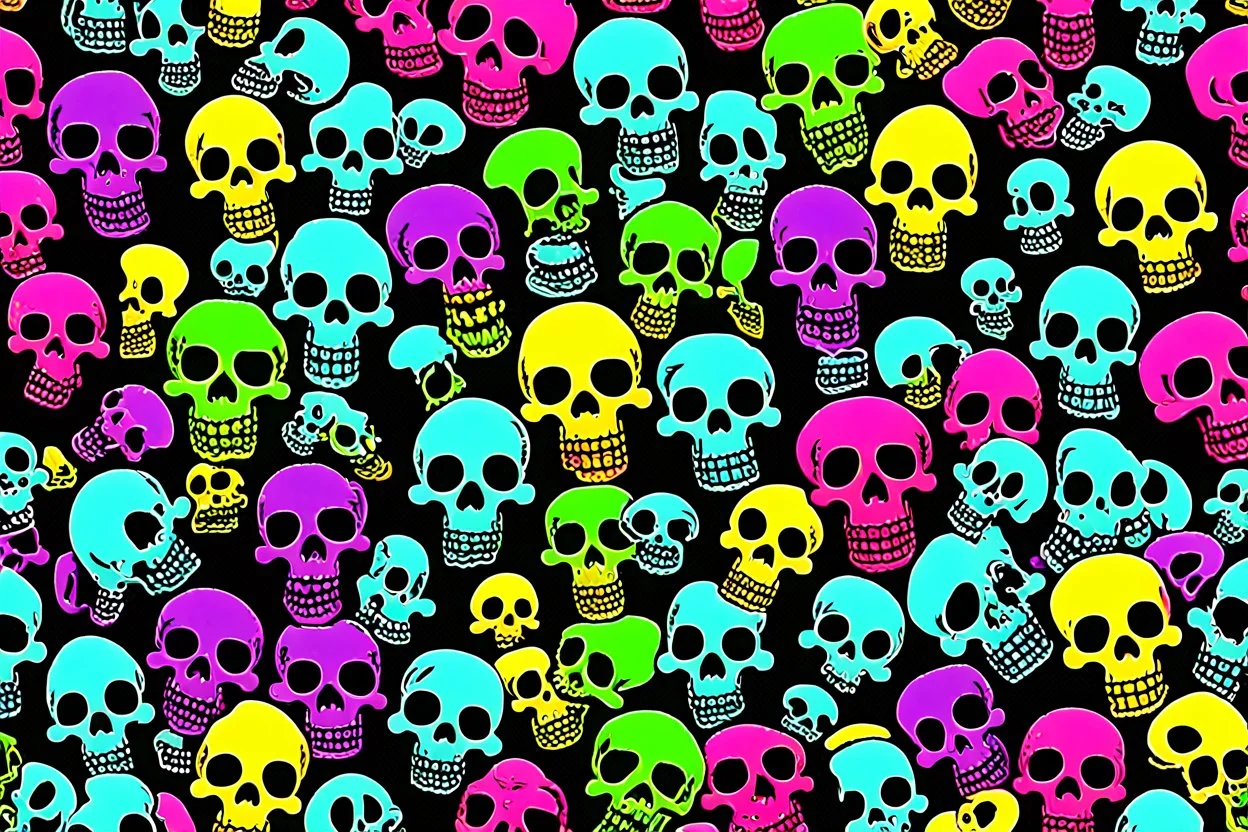 a field of 1000s of cartoonish, anatomically correct, skulls, vivid RANDOM BRIGHT neon colors, dark comedy, well lit, high detail, photorealistic, horrorcore, fun, scary, none featured, each a different color or hue,