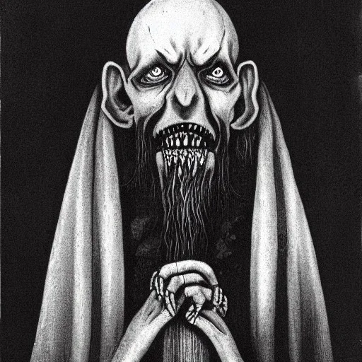 Nosferatu with four yellow eyes with fleshy tentacle beard grey skin and vampire fangs as a Russian Orthodox