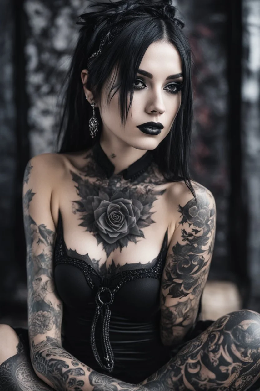 Girl goth many tattoos on his body, siting, fullbody, made background liquid, macro photography,