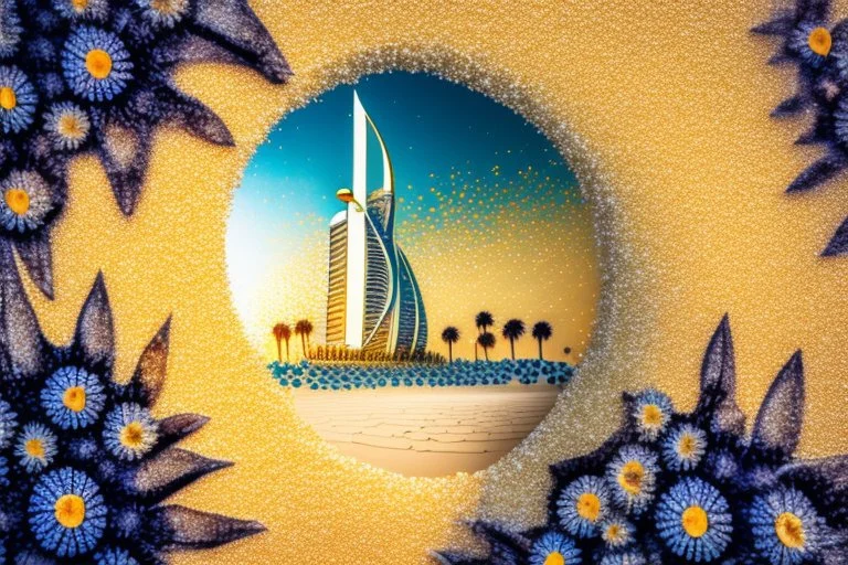 Burj al arab made of daisy flowers in the sand in the sunshine, watercolor and black ink outlines, sparkling golden glitter, ethereal, cinematic postprocessing, bokeh, dof