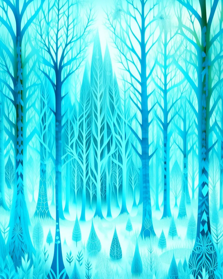 A cyan winter forest covered in ice designed in German folk art