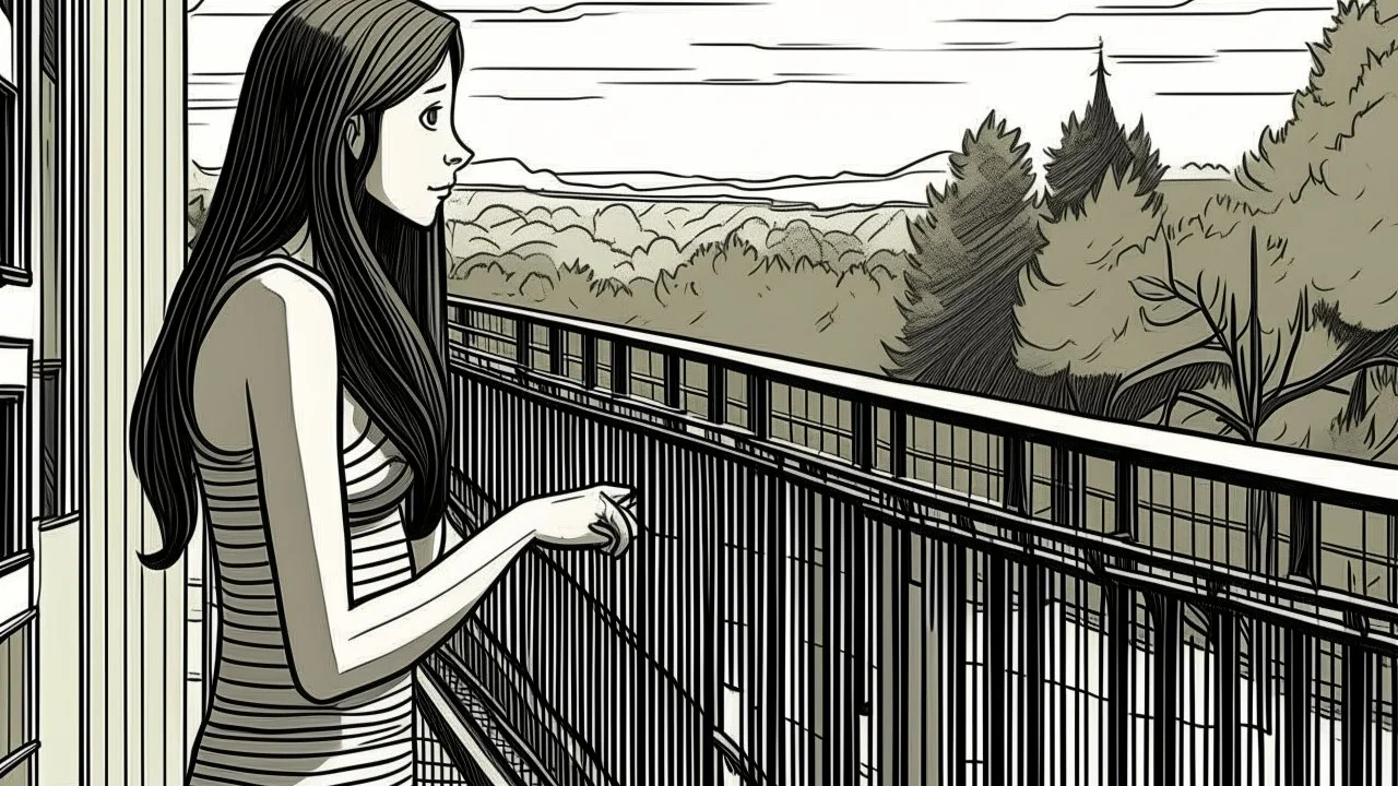 Illustration of a 23 year old Caucasian woman with long brown hair, wearing a black and white striped bikini, standing on a balcony with a metal railing, looking out at a green landscape with trees and a man walking on a path. The building behind her has a textured gray wall and wooden panels. The style is reminiscent of a hand-drawn sketch with bold outlines and a limited color palette, creating a graphic novel effect.