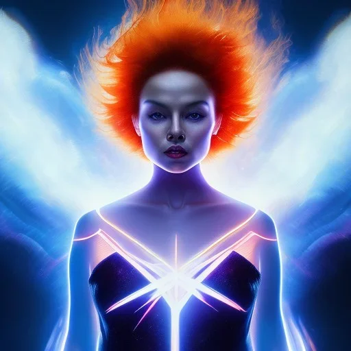 Dark Phoenix, X-Men , Jean Gray. hyperfantastic,hyperscifi,unreal engine.best colours,deep purple . fire theme .blue neon smoke.cinamatic,full cinematic lights.beautiful body details,beautiful face details,8k,