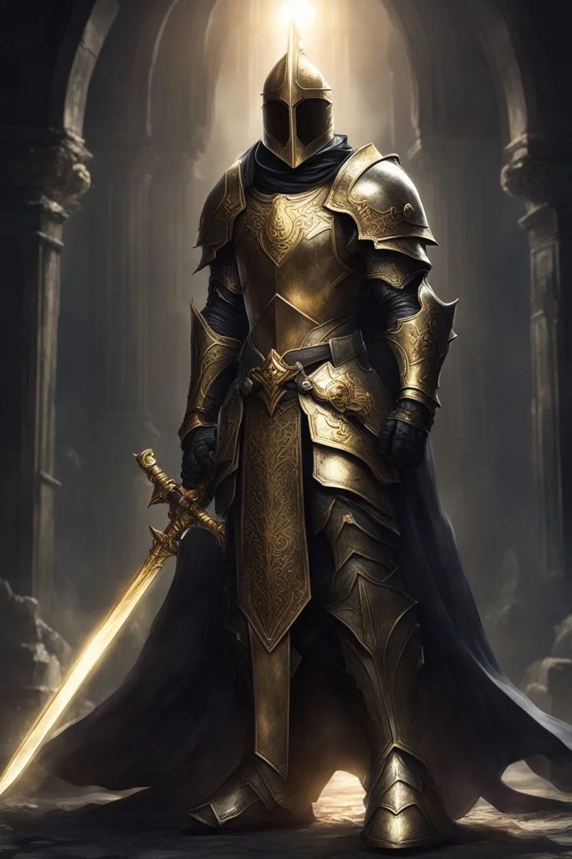 photorealistic holy knight paladin in very dark gold armor and a cape wielding a greatsword and unhelmet in abyss