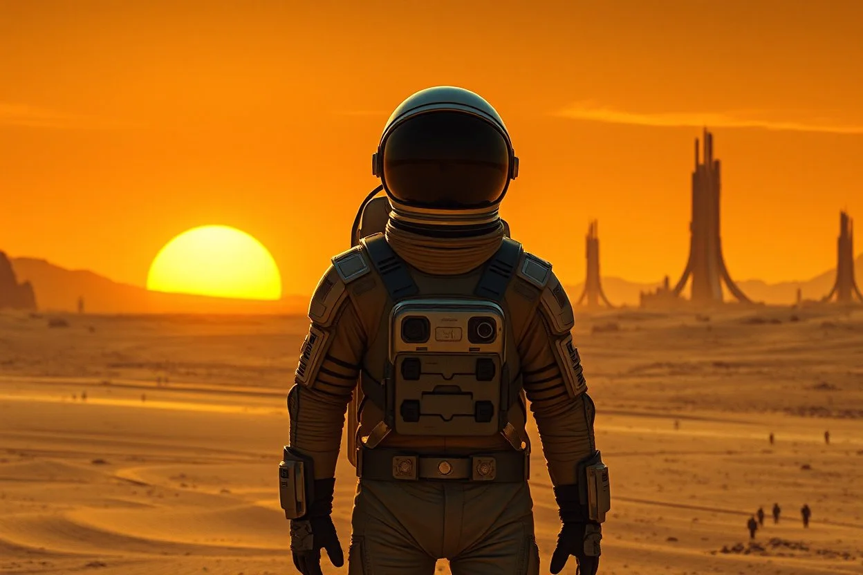 In the distant future, a lone astronaut stands on an alien desert, the sun setting in vibrant hues of orange and yellow. His helmet reflects the light as he gazes at towering structures on the horizon—remnants of a once-great civilization. With every step through the barren sands, the weight of his mission grows heavier. Is he a pioneer, or merely the last witness to a forgotten world? The silence around him answers with nothing but the wind, carrying echoes of what once was.