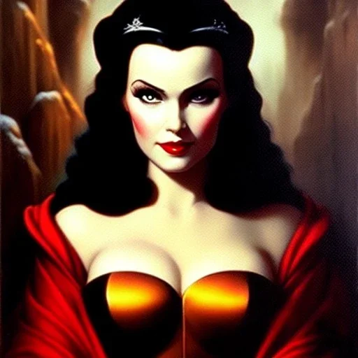 portrait of beautiful busty Snow White painting by Brom, oil on canvas, cinematic composition, extreme detail,cinematic composition,fit full head inside picture