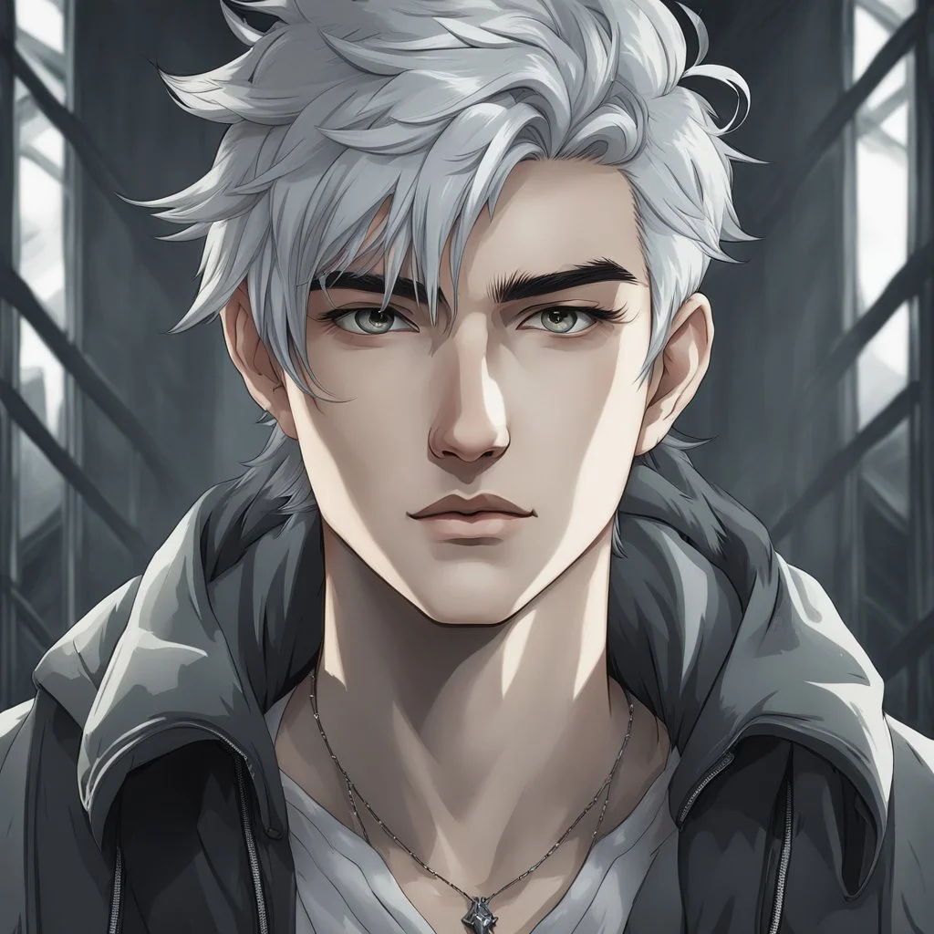 A stunningly detailed (((headshot portrait))), capturing the essence of a young man in his 20s with silver hair and piercing gray eyes, exuding a sense of confidence and protection, anime realism style