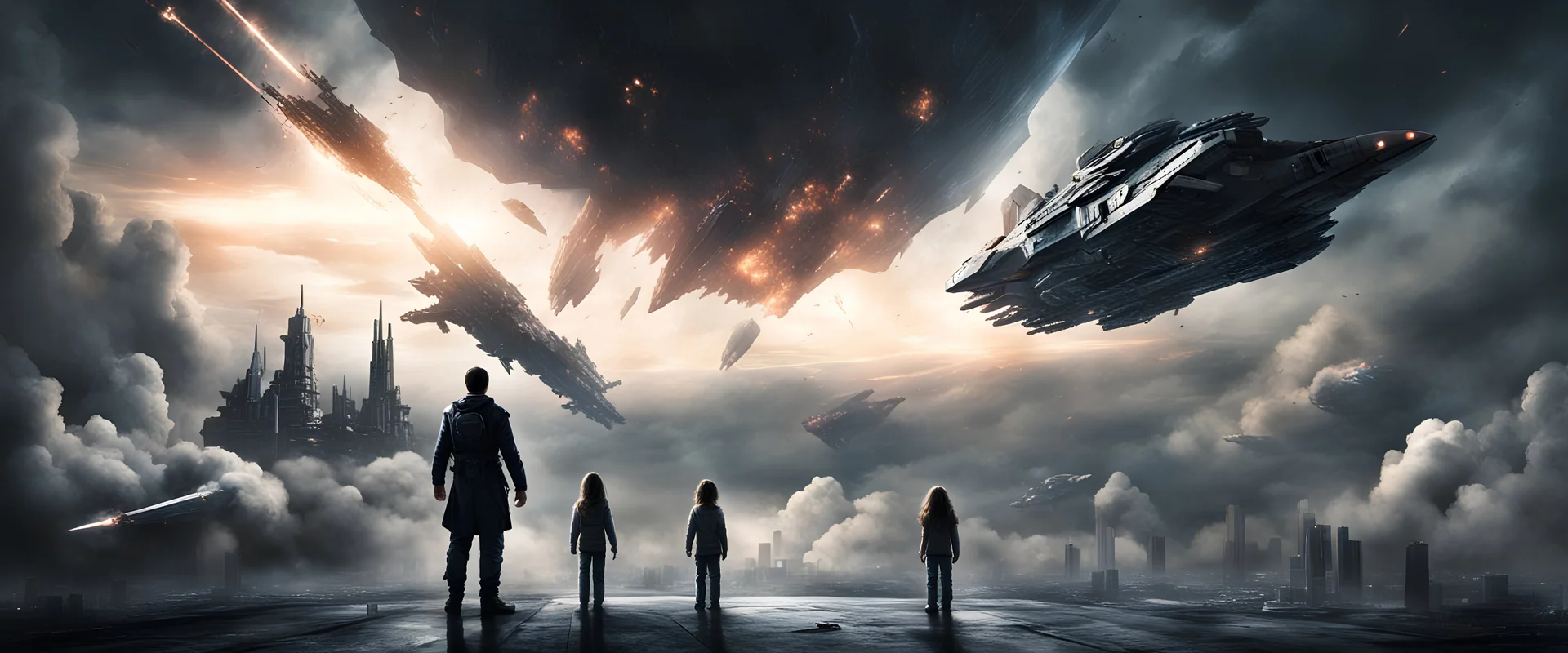 photorealistic. its a dark night. 1 father and 1 six years old child holding hands as they watch. A hightech, menacing, arrow-shaped space battleship is emerging from the clouds and hovers high above a city. explosions are visible on the ground.