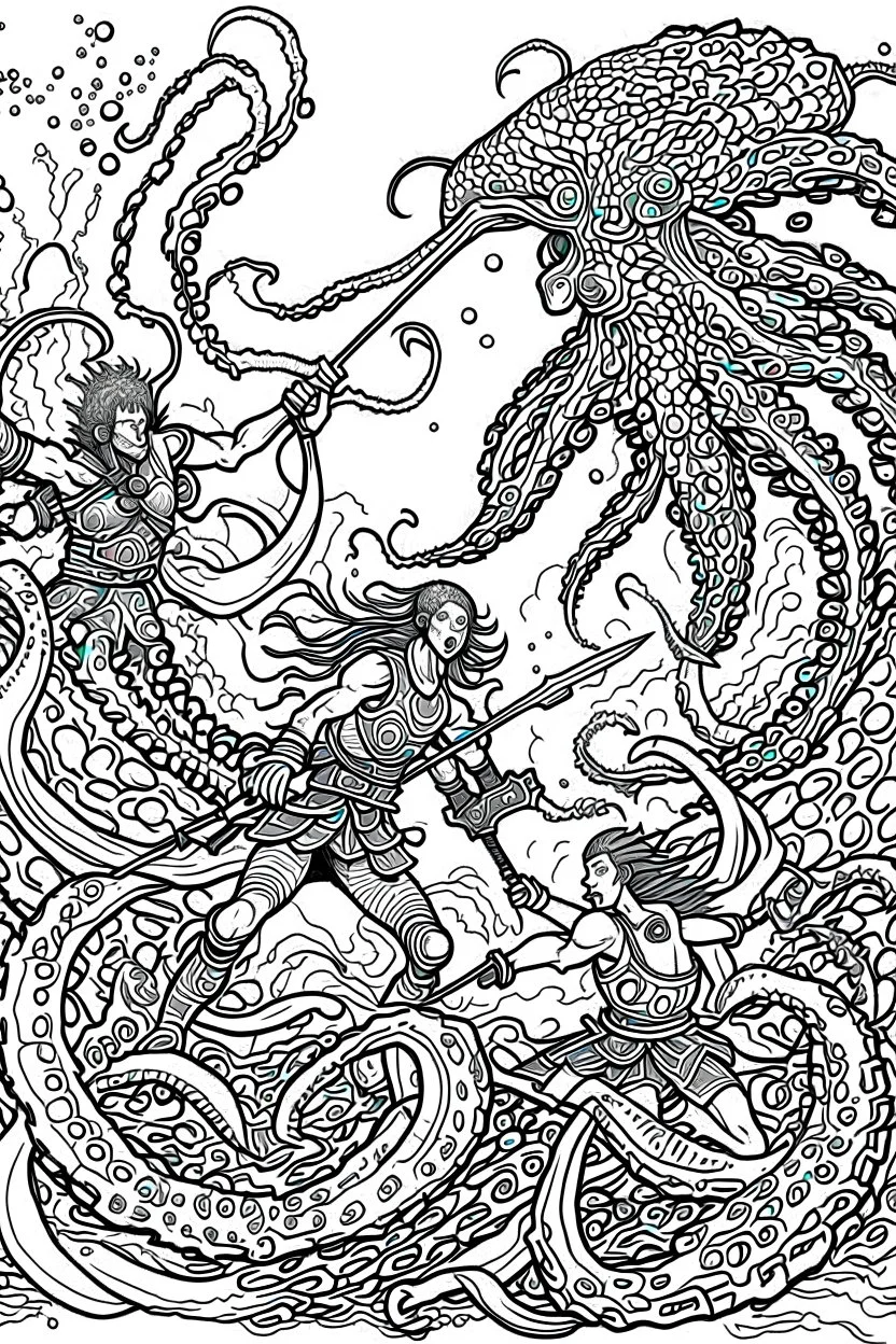 coloring pages for kids, 3 beatifull merman warriors fighting against a big octopus underwater, 8k, hyperdetailed, cinematic, 3d render, photo. cartoon style, thick lines, low detail, black and white, no shading, --ar 85:110