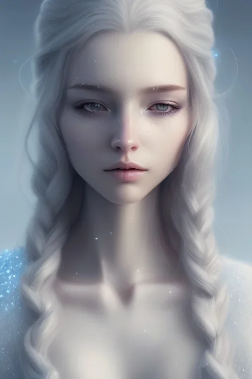 girl, cute, beautiful, snow queen, long hair, blue eyes, makeup, white hair, closed mouth, tilted head, front facing, long eyelashes, big nose, 8k resolution concept art portrait by Greg Rutkowski,