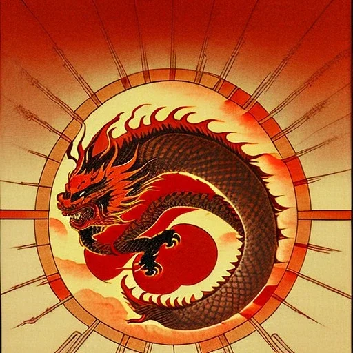 Ukiyo-e painting of a red dragon flying around a sun