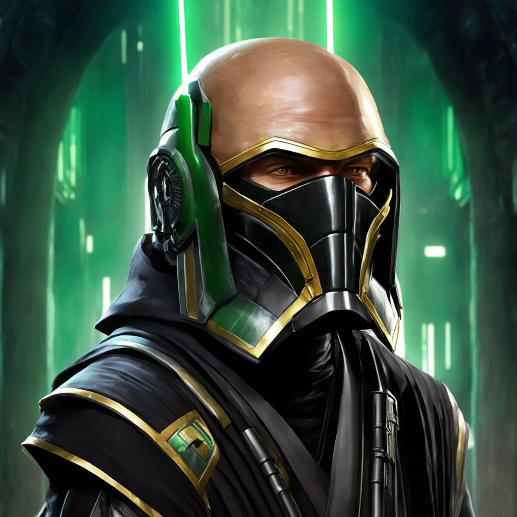 star wars bald male corellian jedi pilot wearing gunmetal grey and black old republic armored robes with gold trim inside the jedi temple holding a lightsaber with viridian green blade in left hand, centered head and shoulders portrait, hyperdetailed, dynamic lighting, hyperdetailed background, 8k resolution, volumetric lighting, light skin, fully symmetric details