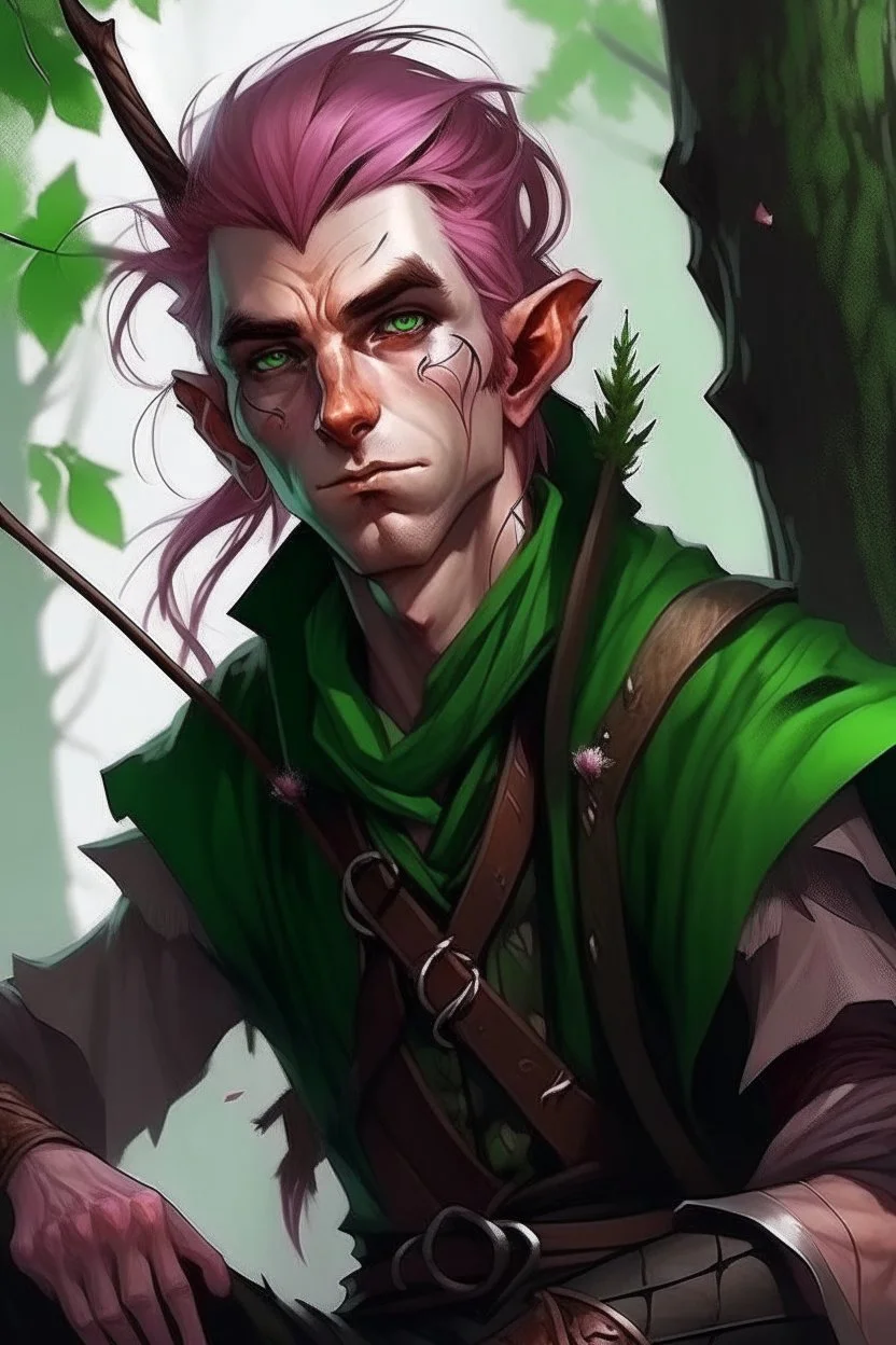 Male wood elf, rogue assassin, copper skin, bright green eyes, messy mauve hair, sneaky, trees, stoner, long bow, black leather straps, disheveled, smoking weed