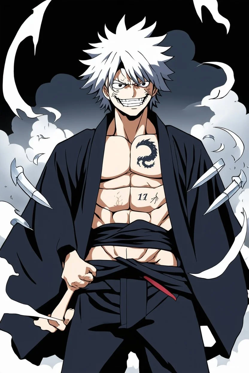A manga-style portrait of a fierce male Shinigami from Bleach, Kazuma Saito, tall and muscular, with wild silver-gray hair, steel-colored eyes, and a scar across his left brow and cheek. He wears a tattered captain's haori of the 11th Division, open kimono revealing a dragon claw tattoo on his chest, and metallic claws (Haganetsume) on his forearms. He smirks defiantly, standing in a dynamic pose with silver reiatsu swirling around him. Background: ruined Seireitei with dark clouds and claw-like