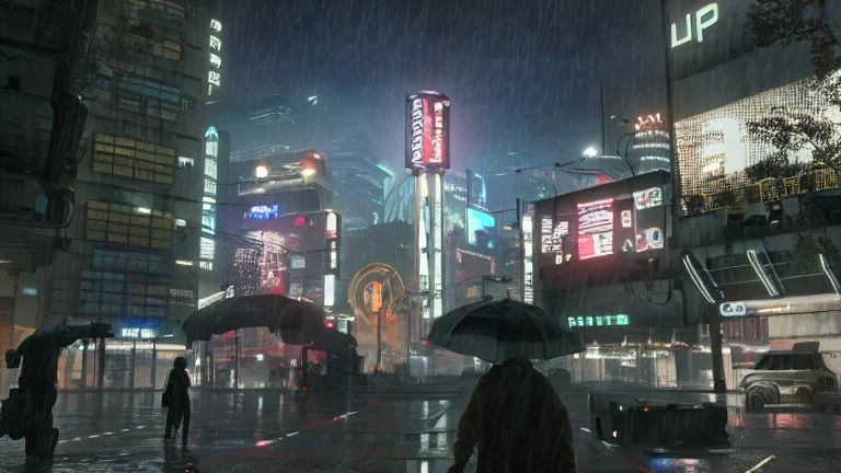 Cyberpunk district with giant foggy skyscarpers, cars, FoV: 100, HD, Unreal Engine 4, heavy rain, rainy streets reflection, neon signs, low contrast, grainy, less color, titanfall,