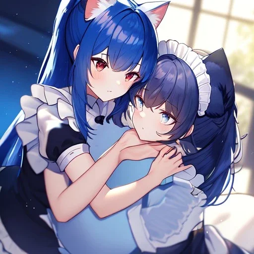 Clear Focus, High resolution, wearing a maid uniform, fluffy hair and a long ponytail, blue hair, cat ears, meowing, hugging another girl with red long fluffy hair also wearing a maid outfit, looking at you