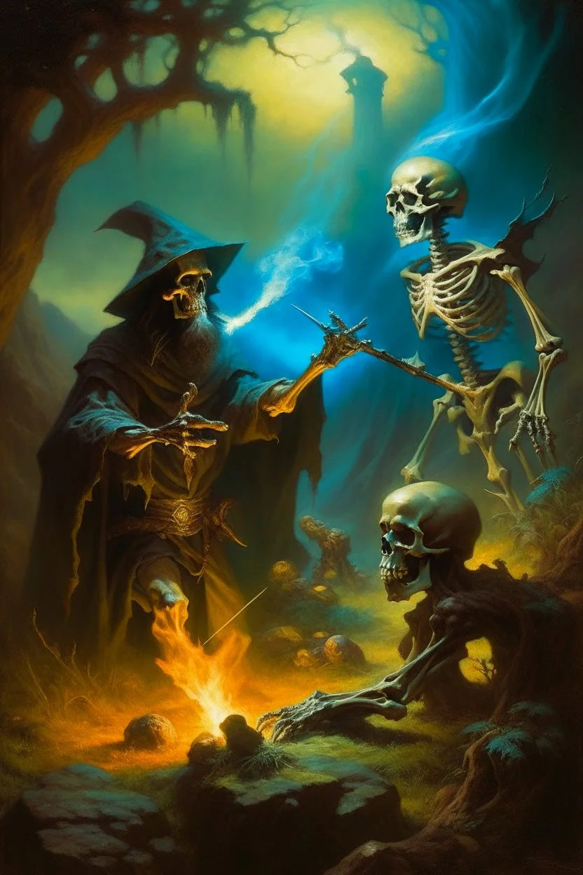 1970's dark fantasy cover dnd style oil painting of a hobo human wizard fighting a specter skeleton with minimalist far perspective. All smoking weed.