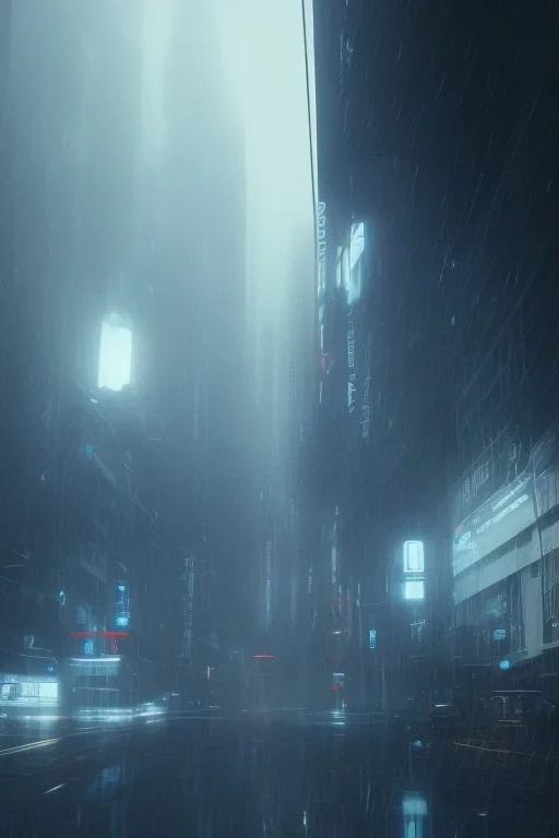 Beautiful Motoko Kusanagi, raining, nostalgic, cold, dark blue, gloomy, heavy fog, 8k photorealistic, cinematic lighting, high details, dramatic, atmosphereric