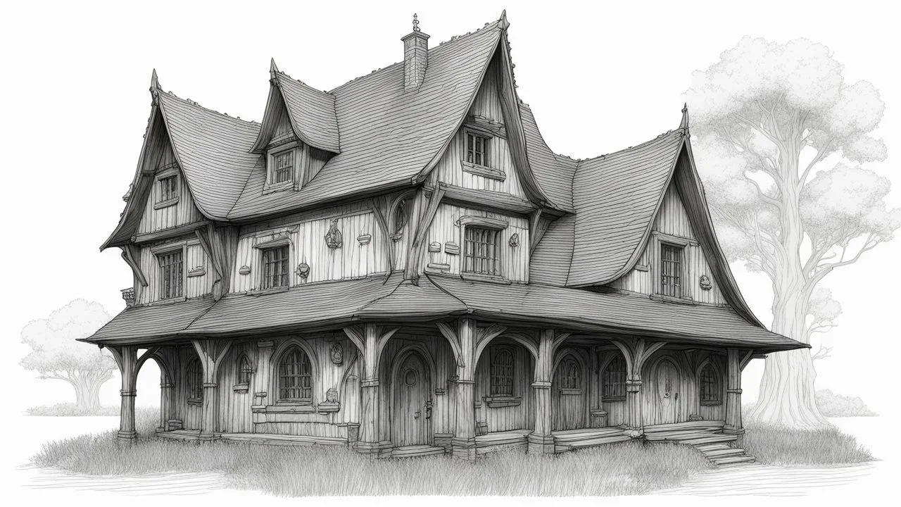 A front elevation line drawing of a fantasy mediaeval ramshackle house.