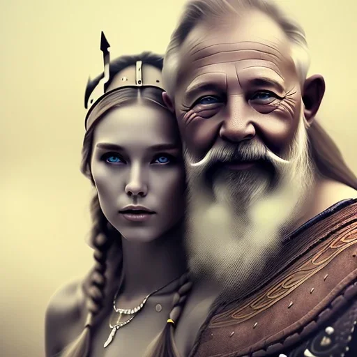 Viking theme, a younger woman sitting next to a 50-year-old man, portrait, 8K, close-up face, anatomically perfect face, Highly detailed stunning full frame portrait, misty and cloudy atmosphere