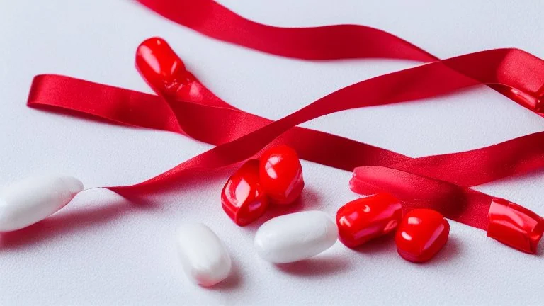 a bubble pack of red pills, next to torn red ribbon, on a white background