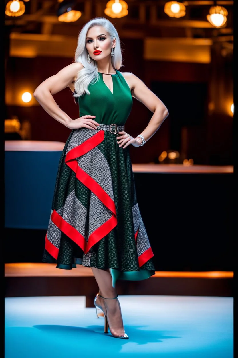 full body of very beautiful ukrain lady wearing green_black pretty midi flared dress ,white gray hair ,standing idle pose in studio