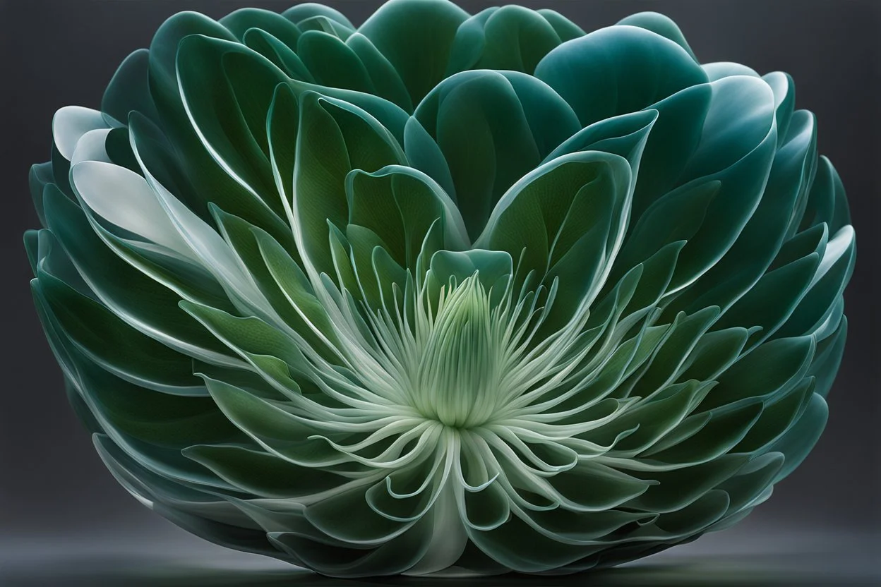 A mesmerizing depiction of dark green botanic organ mutation, inside translucent bulging glass petals. This exquisite image, possibly a painting or digital artwork, captures the complexity and elegance of this bizarre subject.the external presentation is a light blue beautiful and fragile pretty opacity, but inside is a horror muatation of botanical ecco sexual evolution. Every intricate detail is meticulously rendered, showcasing the strangeness and beauty in this strangely captivating world. T