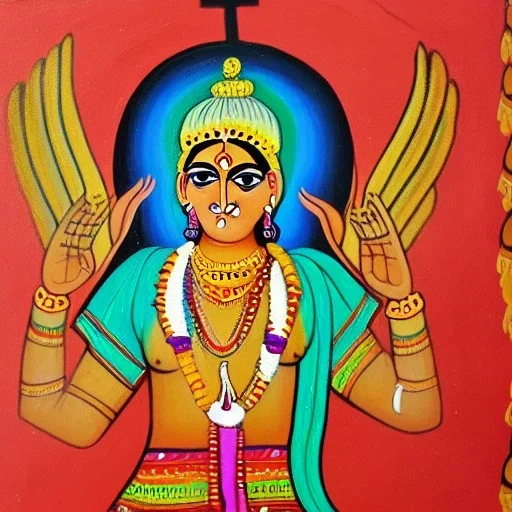 holy cow with hands and wings in Indian painting style