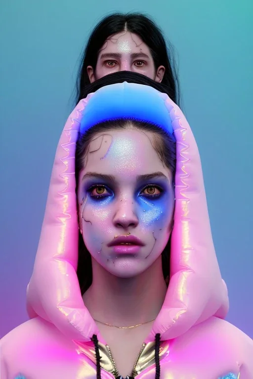 Ultra Realistic image, Rosalía artist, portrait, waist up portrait, long black eye line, sweet face, inflatable hoodie, gold pink and blue style, spray glow make up, led rings piercing, led geometric ornament, fog, hot, inflatable style bubble latex coat, vibrant color, highly detailed, art stations, concept art, smooth, unreal engine 5, god rays, ray tracing, RTX, lumen lighting, ultra detail, volumetric lighting, 3d, finely drawn, high definition, high resolution.