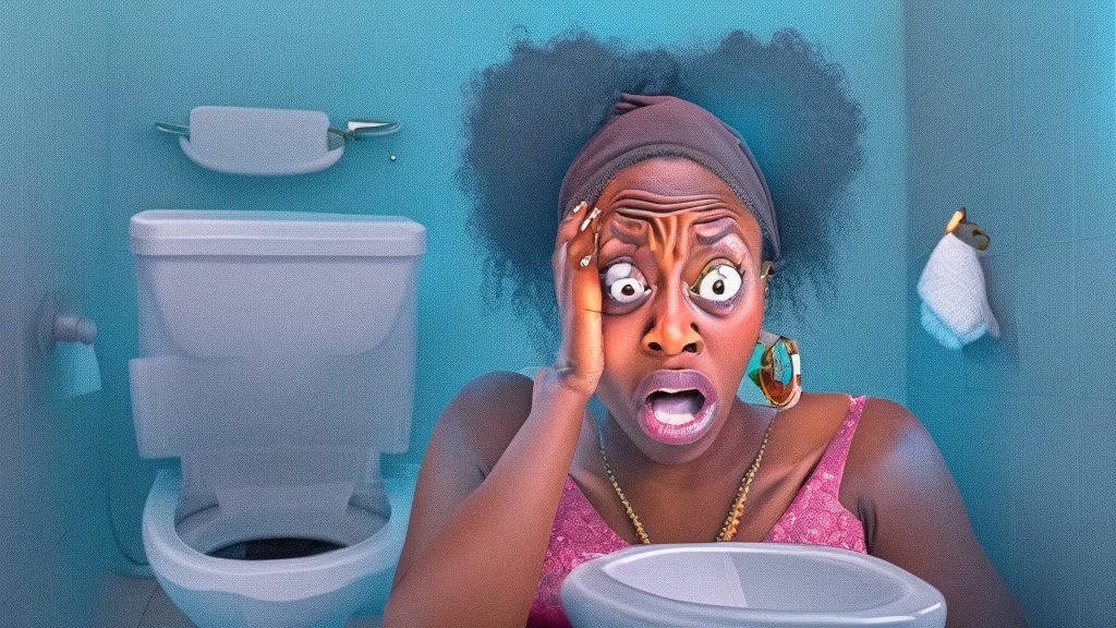 confused black lady with cellphone using the toilet