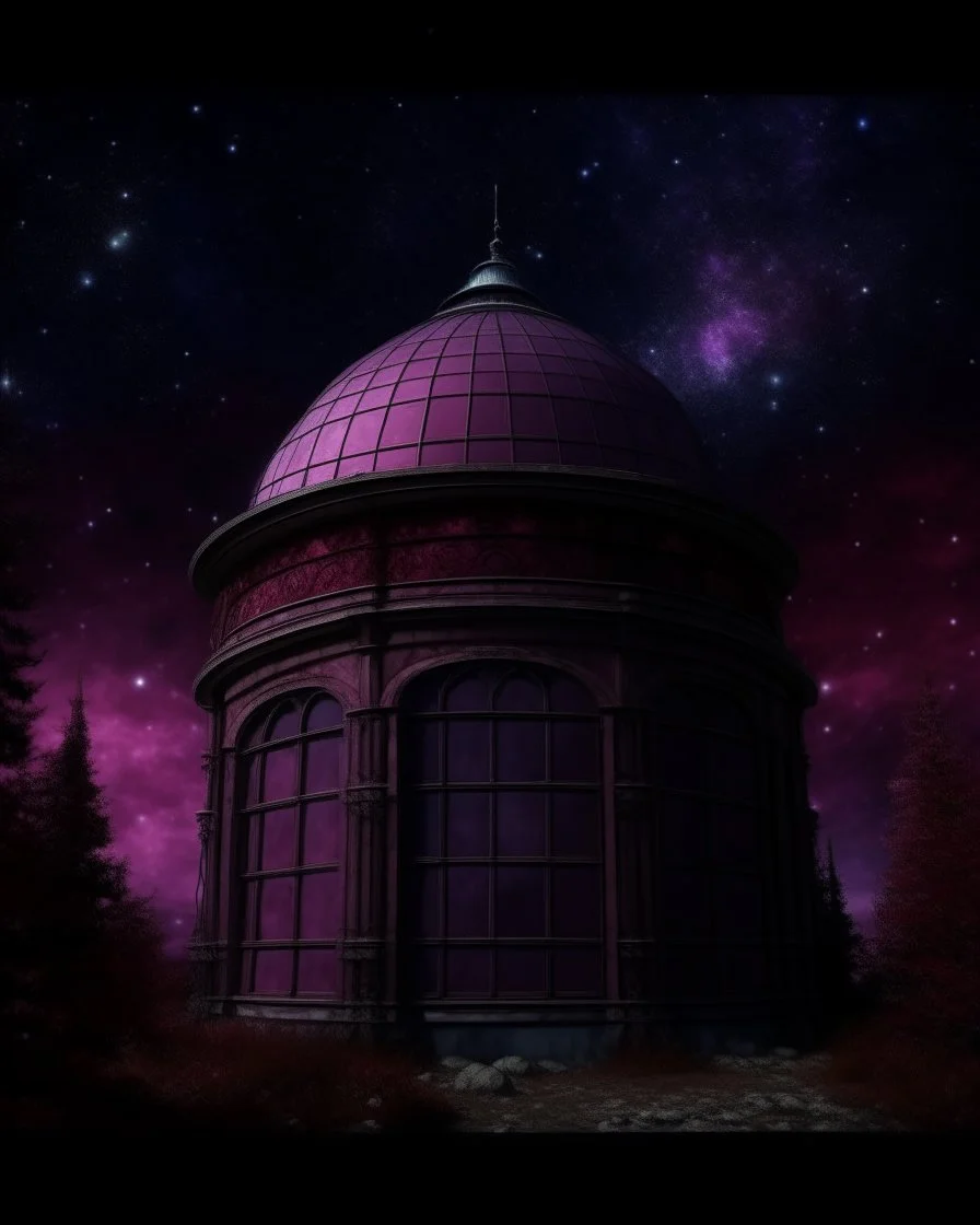 A dark magenta magical observatory pointed at the stars painted by Claude Monet