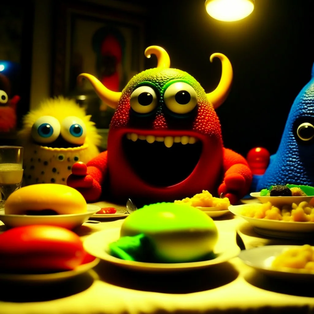 Close-up shot of ultra realistic odd monsters dining, vivid, ultra realistic, Joan Miró, hypermaximalist figures, light, Italian 1970's odd movie, hilarious, Minicavio Quollati style, photography by Marlost Endgulp, ornate, 4k, photorealism