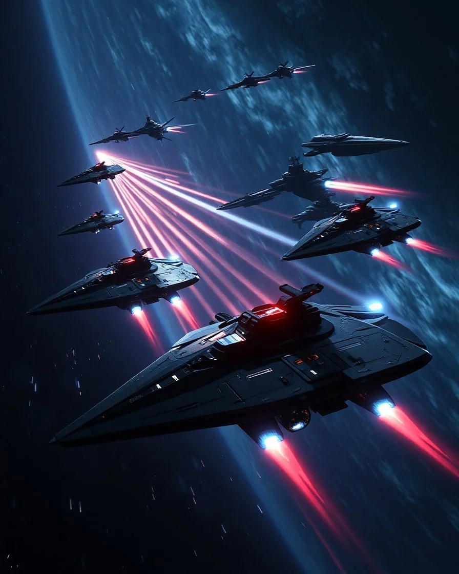 Stealth frigates futuristic emerging from cloaking fields to ambush a heavily armored dreadnought fleet, ion torpedoes streaking through the dark, holographic countermeasures flaring, sci-fi space warfare at its finest, dramatic shadows, octane render, futuristic concept art