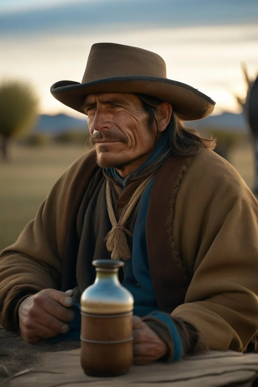 Gaucho argentino tomando mate en un atardecer ,fondo de imagen en degrade