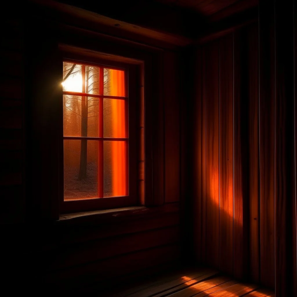 atmospheric deep orange light coming through a cabin window