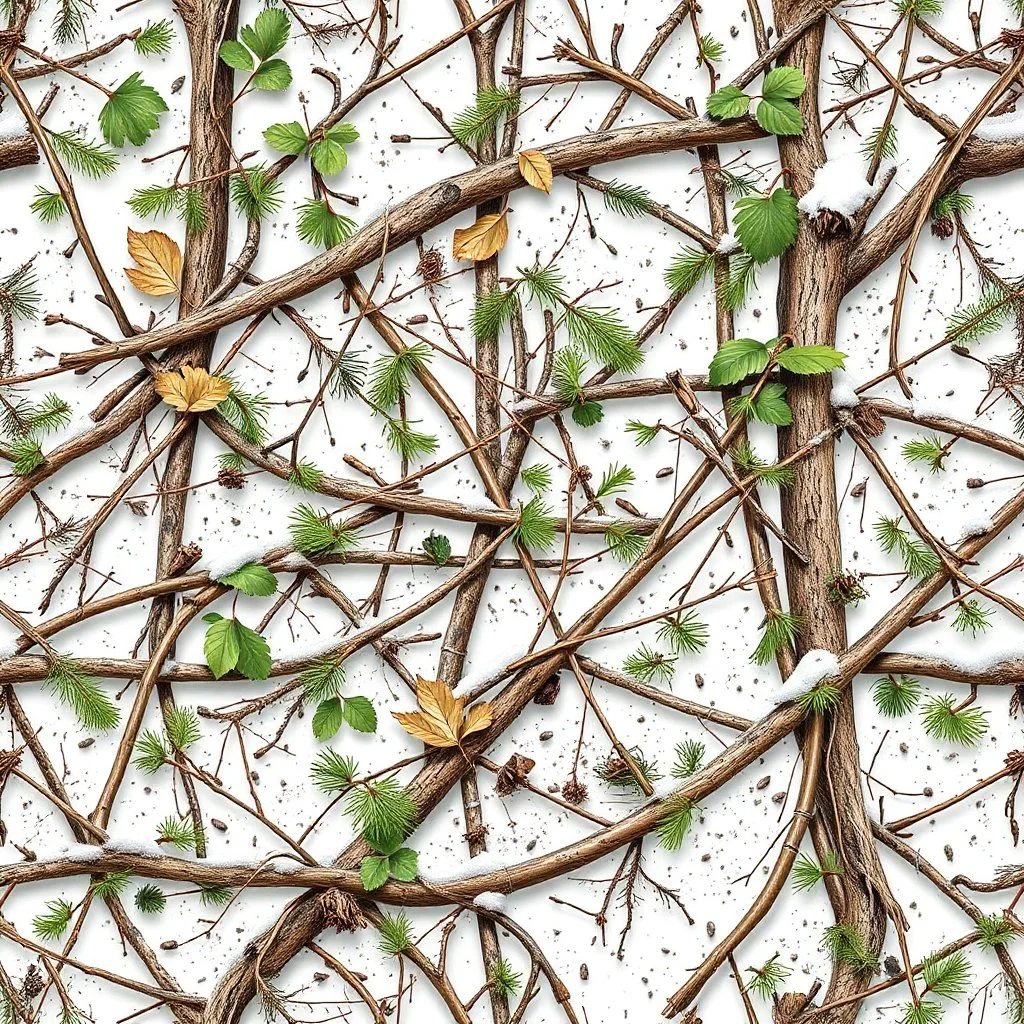 Real Tree Camouflage made of sticks, twigs, leaves, pine branches, snow and dirt, white background, seamless repeatable texture pattern imitating a natural forest background