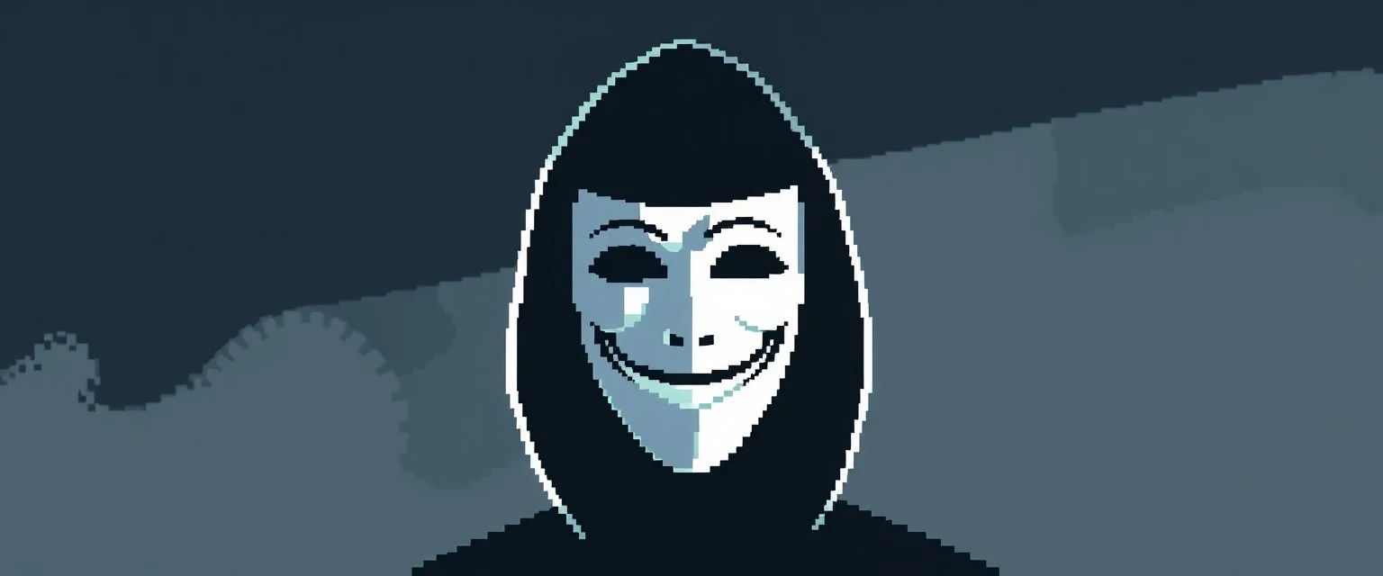 8 bit pixelart of a shadow figure with a white smooth wide smiling mask noseless opera mask