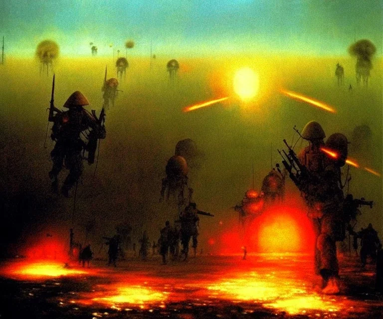 vietnam war. war. napalm. bokeh. lens flare. warm lights. high detailed. beksinski