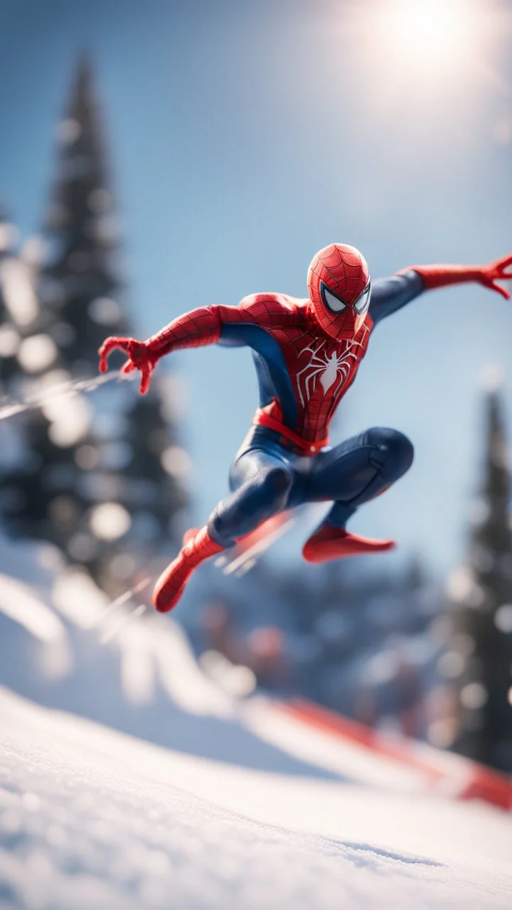 spider man jumping doing winter freestyle ski jump trick, bokeh like f/0.8, tilt-shift lens 8k, high detail, smooth render, down-light, unreal engine, prize winning